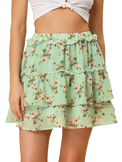 Layered Ruffle Hem Elastic Waist A-Line Skater Floral Mini Skirt