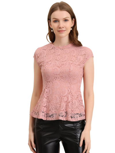 Crochet Peplum Floral Mock Neck Cap Sleeve Lace Blouse