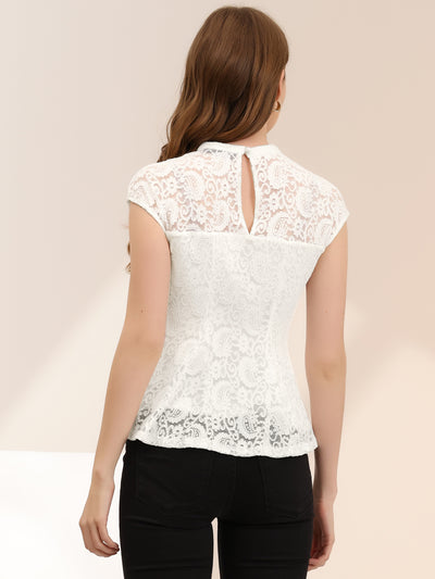 Crochet Peplum Floral Mock Neck Cap Sleeve Lace Blouse