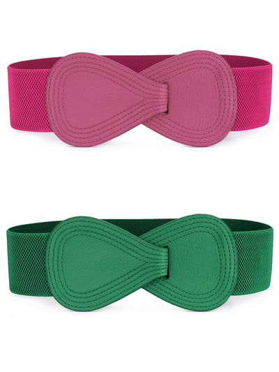 Women's Elastic Waist Belt Interlock 8-shaped Faux Leather Buckle Belts for Lady