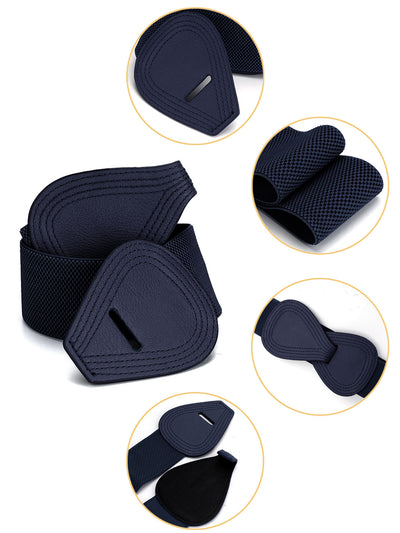 Women's Elastic Waist Belt Interlock 8-shaped Faux Leather Buckle Belts for Lady