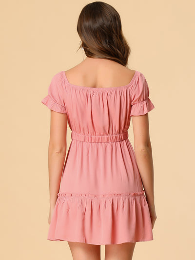 Square Neck Off Shoulder Button Decor Summer Smocked Dress