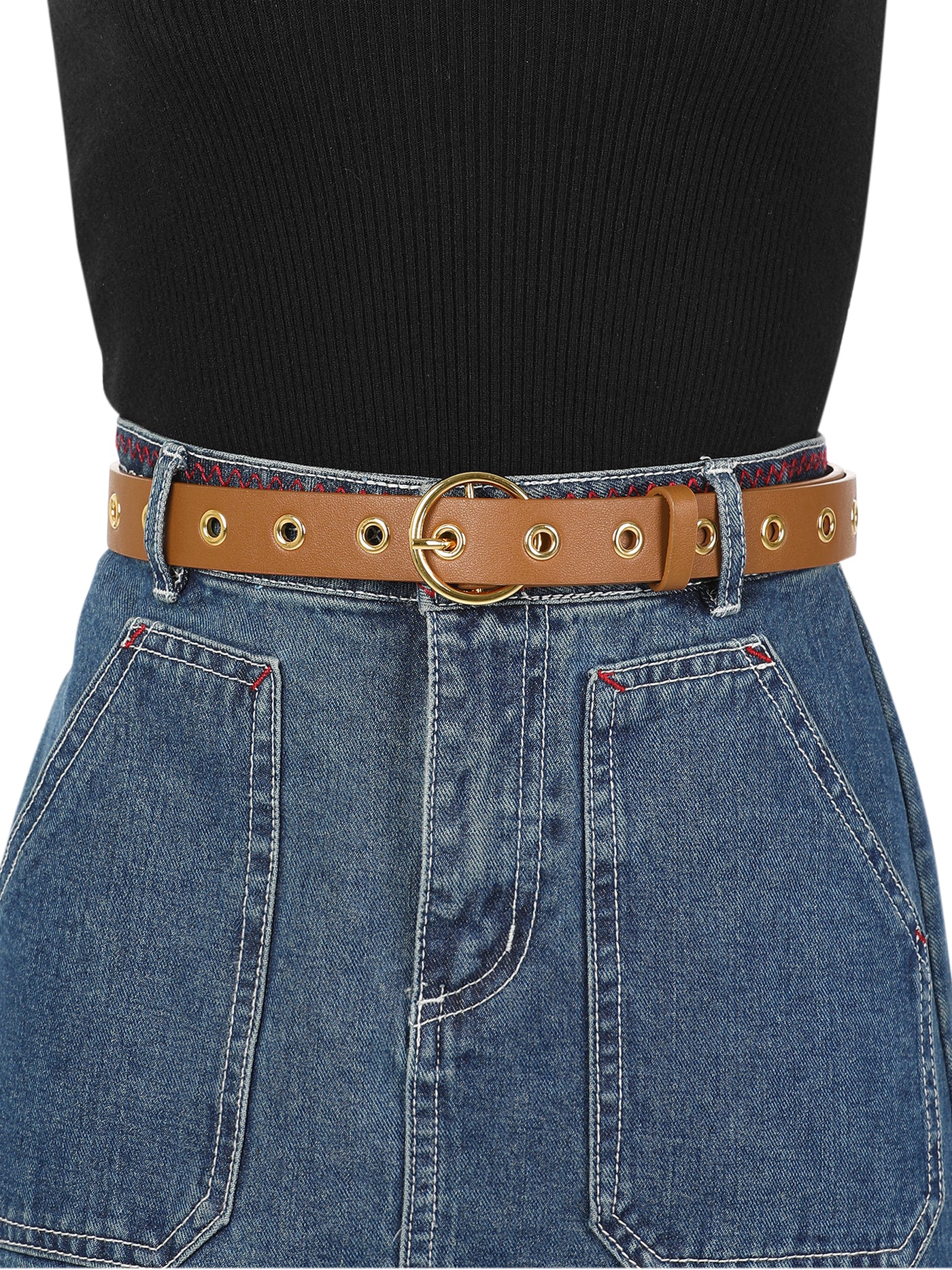 Allegra K Womens Grommet Belt Faux Leather Single Pin Buckle Punk Belts for Jeans Pants