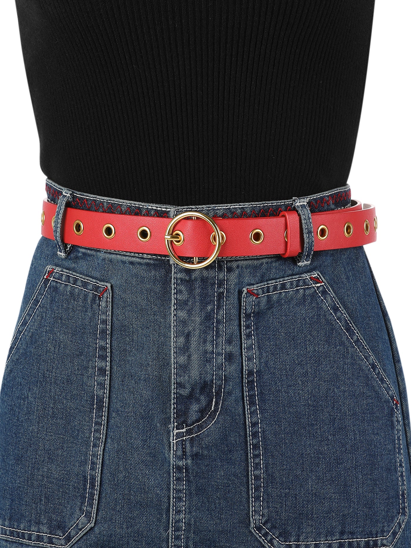 Allegra K Womens Grommet Belt Faux Leather Single Pin Buckle Punk Belts for Jeans Pants