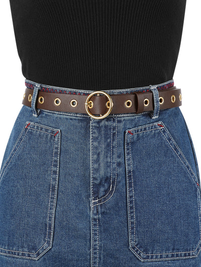 Womens Grommet Belt Faux Leather Single Pin Buckle Punk Belts for Jeans Pants