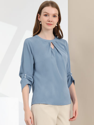 Office Keyhole Pleated Front Ruched 3/4 Sleeve Chiffon Blouse