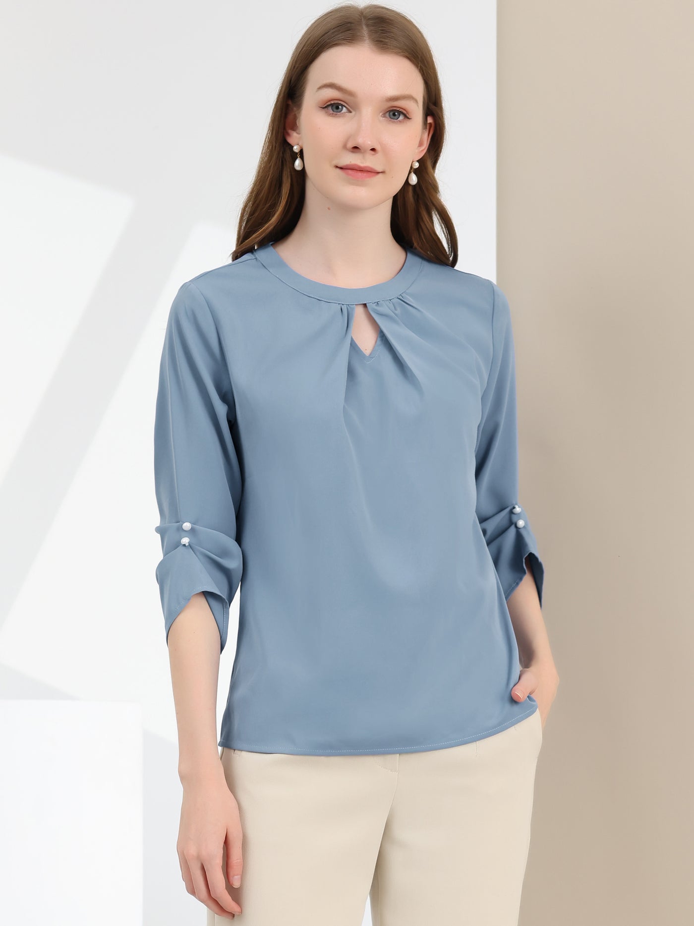 Allegra K Office Keyhole Pleated Front Ruched 3/4 Sleeve Chiffon Blouse