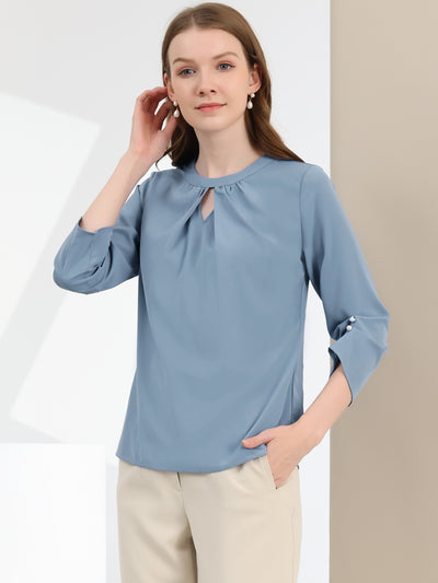 Office Keyhole Pleated Front Ruched 3/4 Sleeve Chiffon Blouse