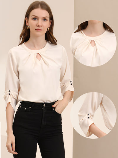 Office Keyhole Pleated Front Ruched 3/4 Sleeve Chiffon Blouse