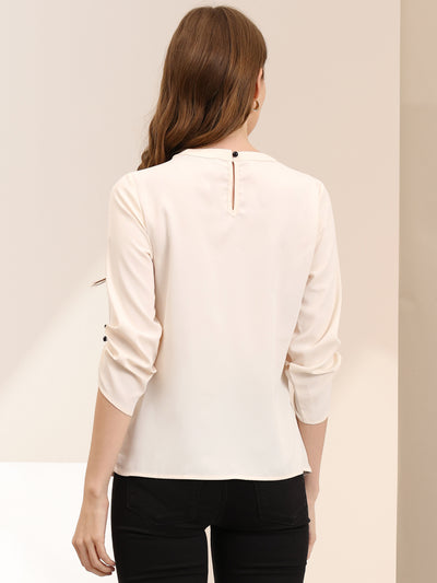 Office Keyhole Pleated Front Ruched 3/4 Sleeve Chiffon Blouse