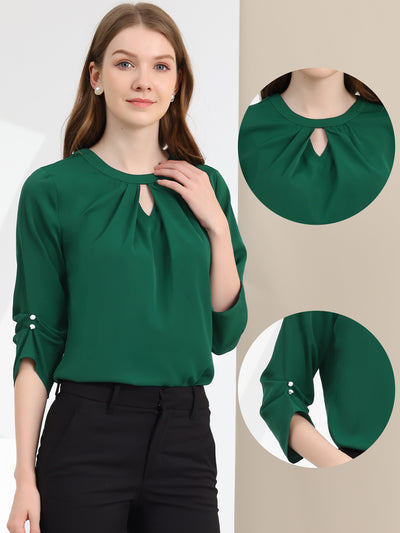 Office Keyhole Pleated Front Ruched 3/4 Sleeve Chiffon Blouse