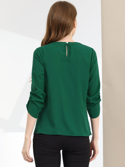 Office Keyhole Pleated Front Ruched 3/4 Sleeve Chiffon Blouse