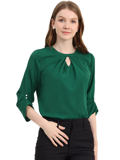 Office Keyhole Pleated Front Ruched 3/4 Sleeve Chiffon Blouse