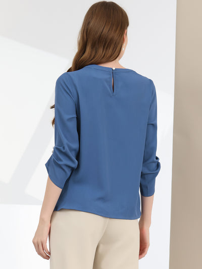 Office Keyhole Pleated Front Ruched 3/4 Sleeve Chiffon Blouse