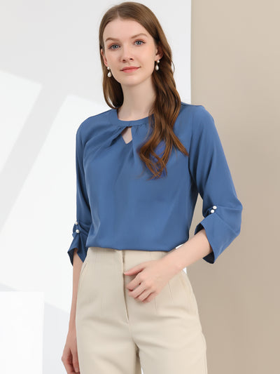 Office Keyhole Pleated Front Ruched 3/4 Sleeve Chiffon Blouse