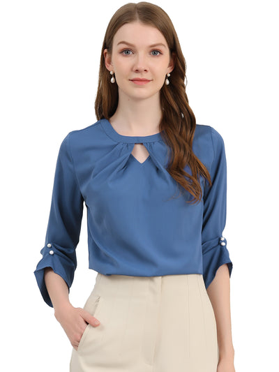 Office Keyhole Pleated Front Ruched 3/4 Sleeve Chiffon Blouse