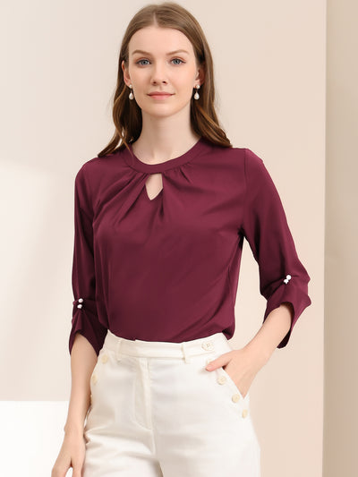 Office Keyhole Pleated Front Ruched 3/4 Sleeve Chiffon Blouse