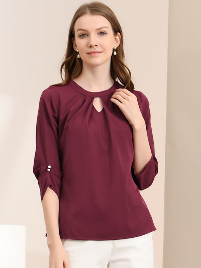 Office Keyhole Pleated Front Ruched 3/4 Sleeve Chiffon Blouse