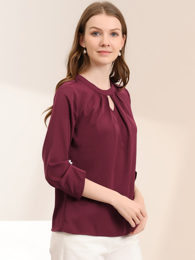 Office Keyhole Pleated Front Ruched 3/4 Sleeve Chiffon Blouse