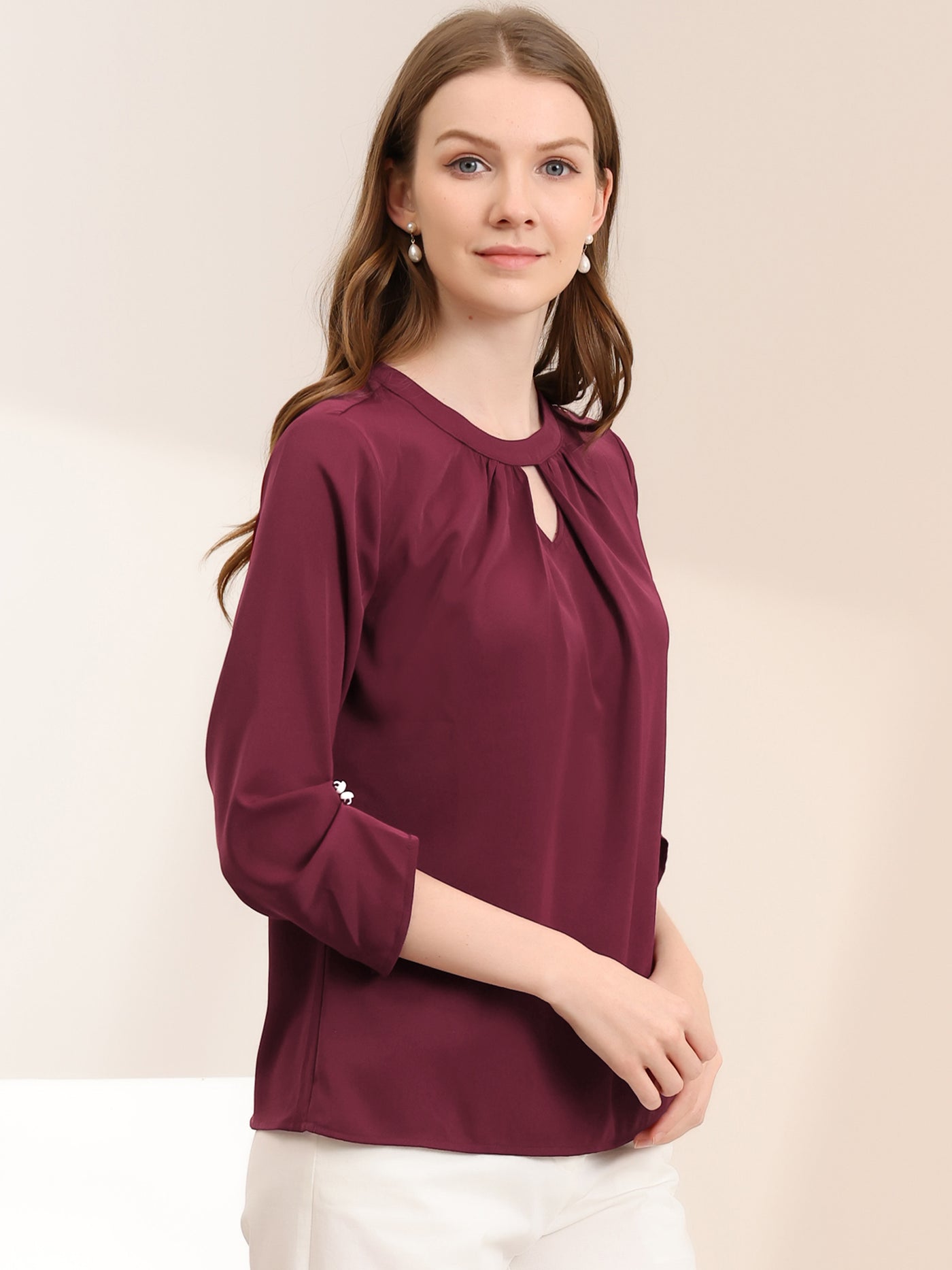 Allegra K Office Keyhole Pleated Front Ruched 3/4 Sleeve Chiffon Blouse