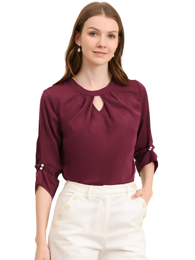 Office Keyhole Pleated Front Ruched 3/4 Sleeve Chiffon Blouse