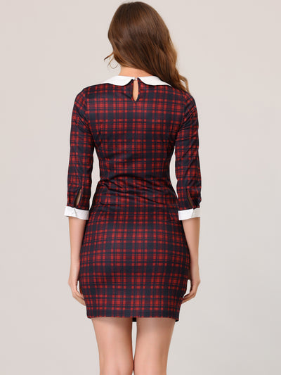 Contrast Peter Pan Collar Keyhole Back Plaid Bodycon Dress