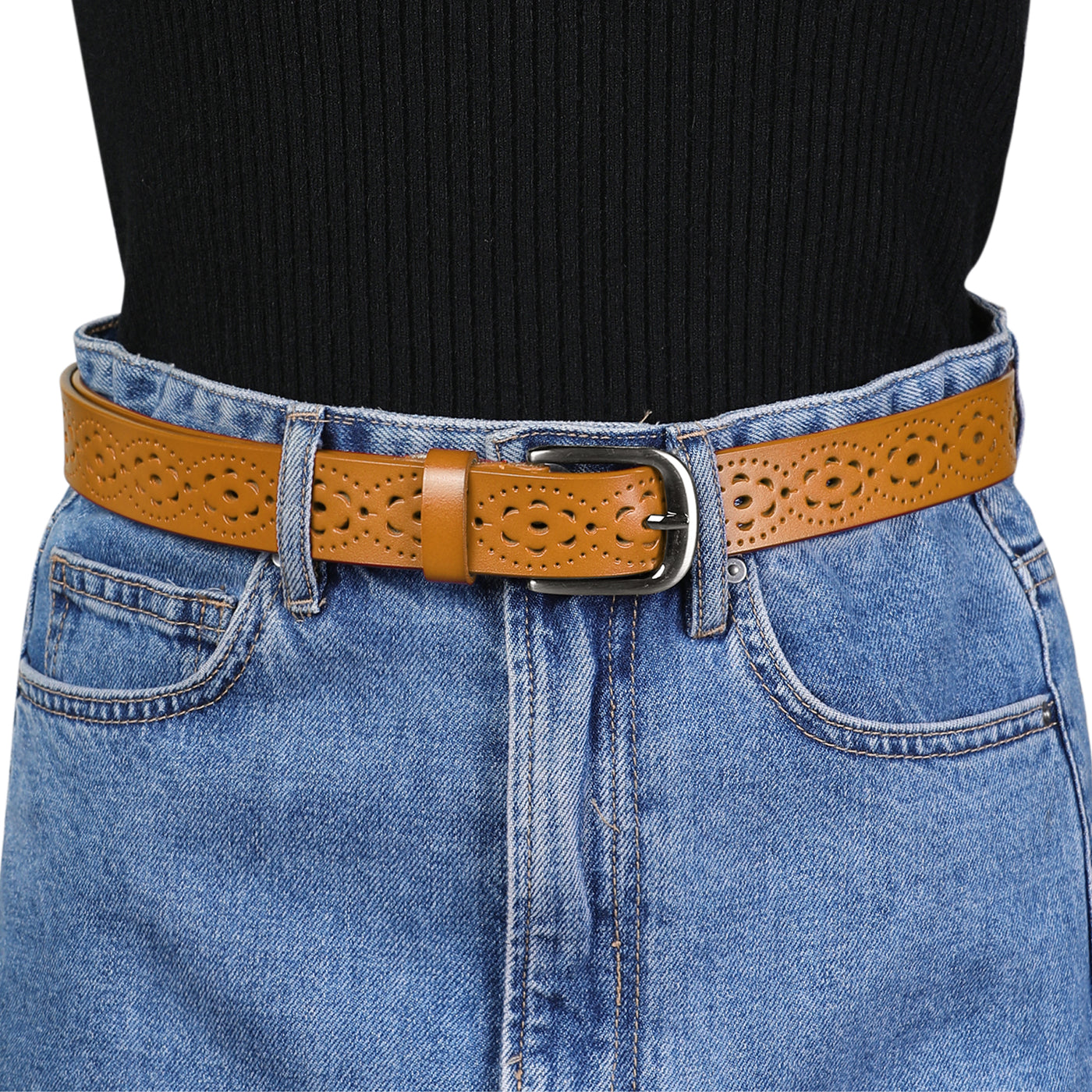 Allegra K Womens Vintage Hollow Belts Pin Buckle Faux Leather Belts for Jeans Pants