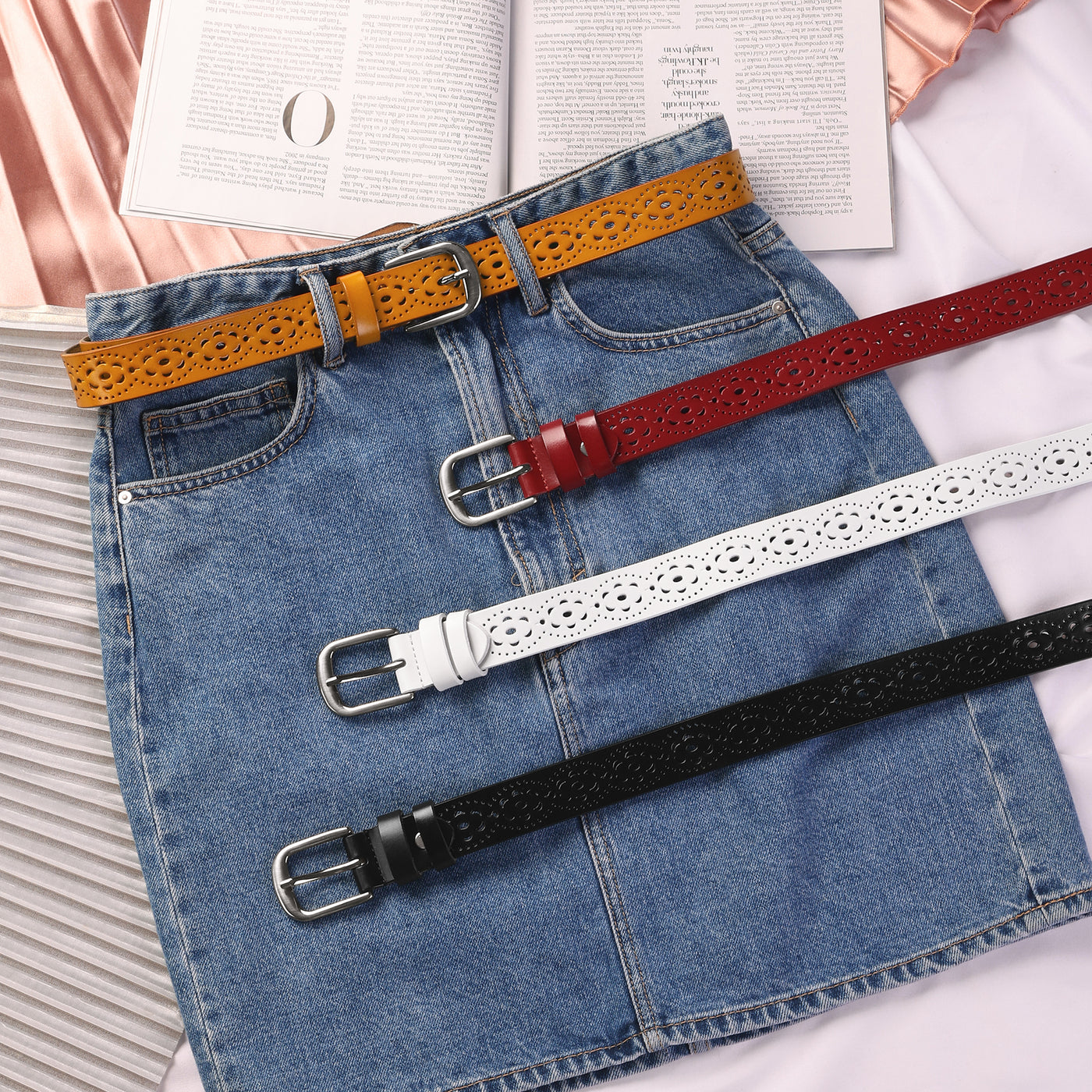 Allegra K Womens Vintage Hollow Belts Pin Buckle Faux Leather Belts for Jeans Pants