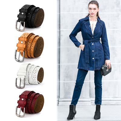 Womens Vintage Hollow Belts Pin Buckle Faux Leather Belts for Jeans Pants