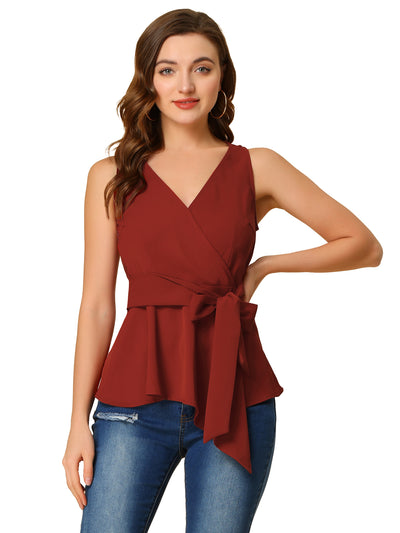 Summer Sleeveless V Neckline Wrap Elegant Tie Waist Top