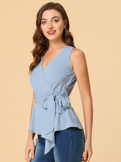 Summer Sleeveless V Neckline Wrap Elegant Tie Waist Top