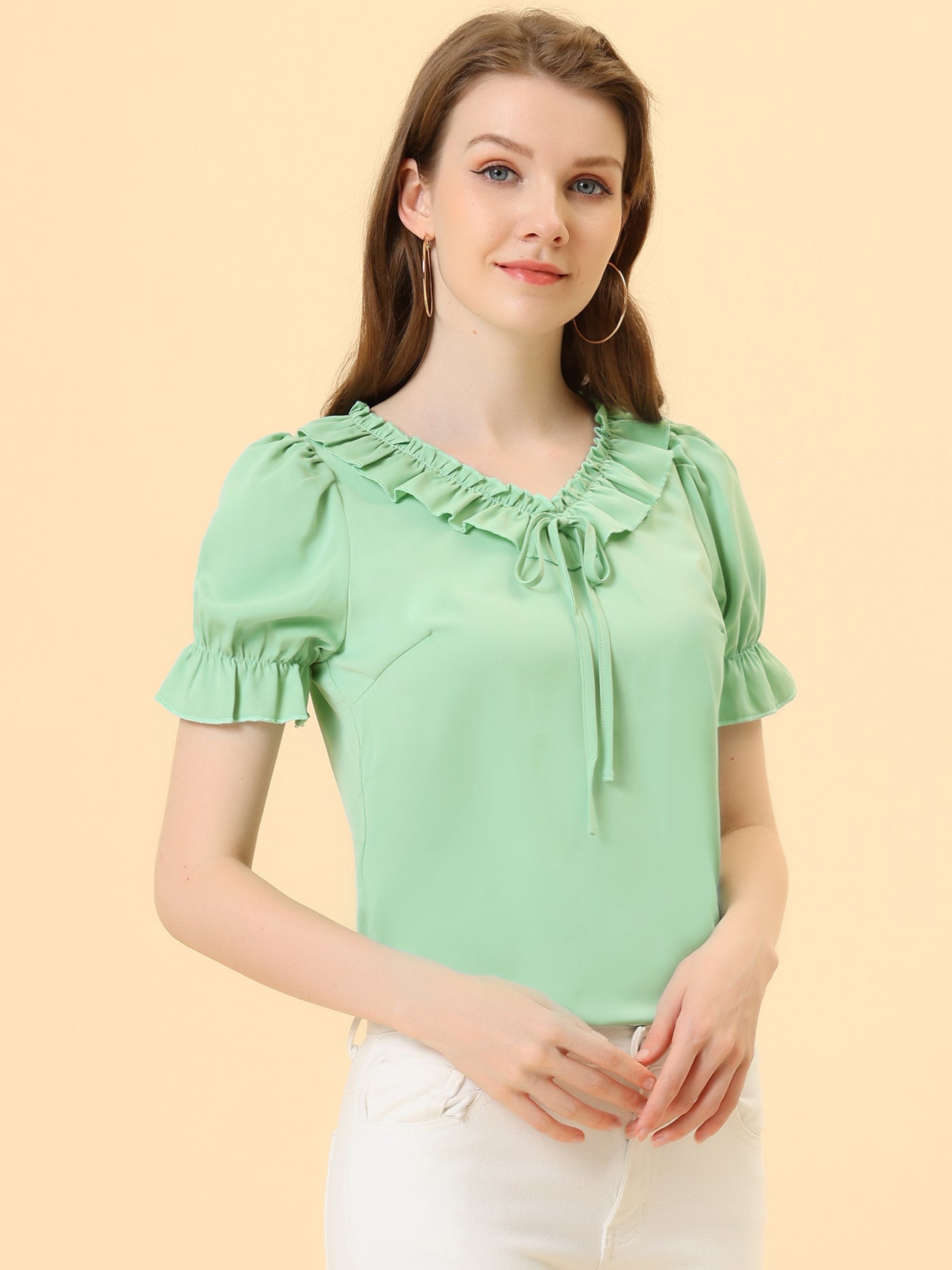 Allegra K Ruffle Tie V NeckPuff Sleeve Ruffle Cuff Casual Blouse