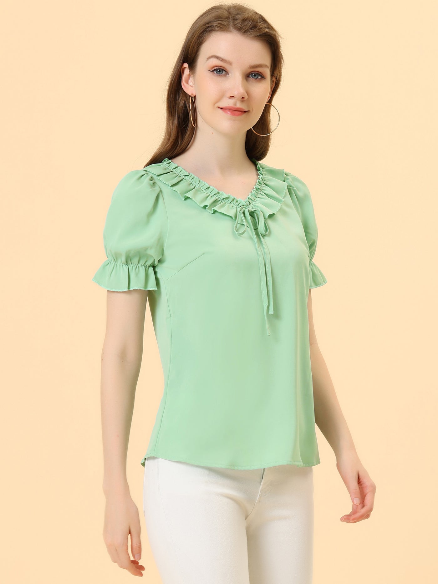 Allegra K Ruffle Tie V NeckPuff Sleeve Ruffle Cuff Casual Blouse