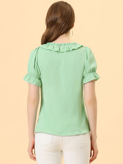 Ruffle Tie V NeckPuff Sleeve Ruffle Cuff Casual Blouse