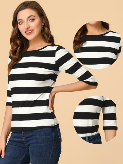 Elbow Sleeve Round Neck Casual Striped T-Shirt