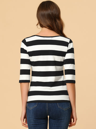 Elbow Sleeve Round Neck Casual Striped T-Shirt