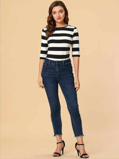 Elbow Sleeve Round Neck Casual Striped T-Shirt