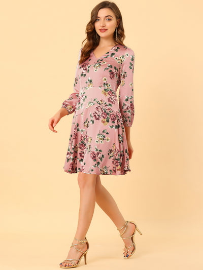 Satin V Neck Puff Long Sleeve Floral Irregular Dress