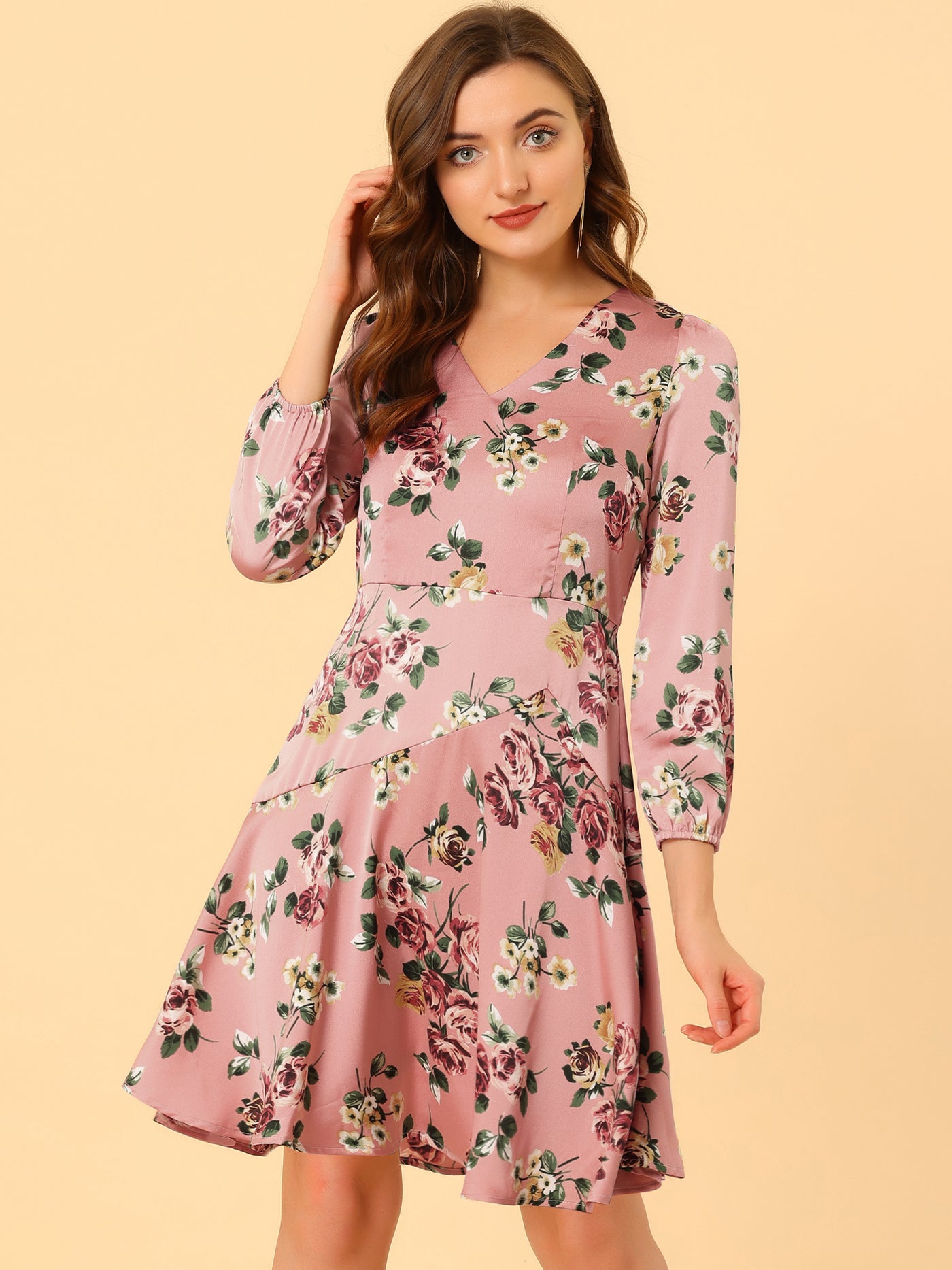 Allegra K Satin V Neck Puff Long Sleeve Floral Irregular Dress