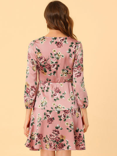 Satin V Neck Puff Long Sleeve Floral Irregular Dress