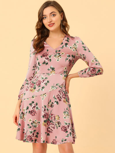 Satin V Neck Puff Long Sleeve Floral Irregular Dress