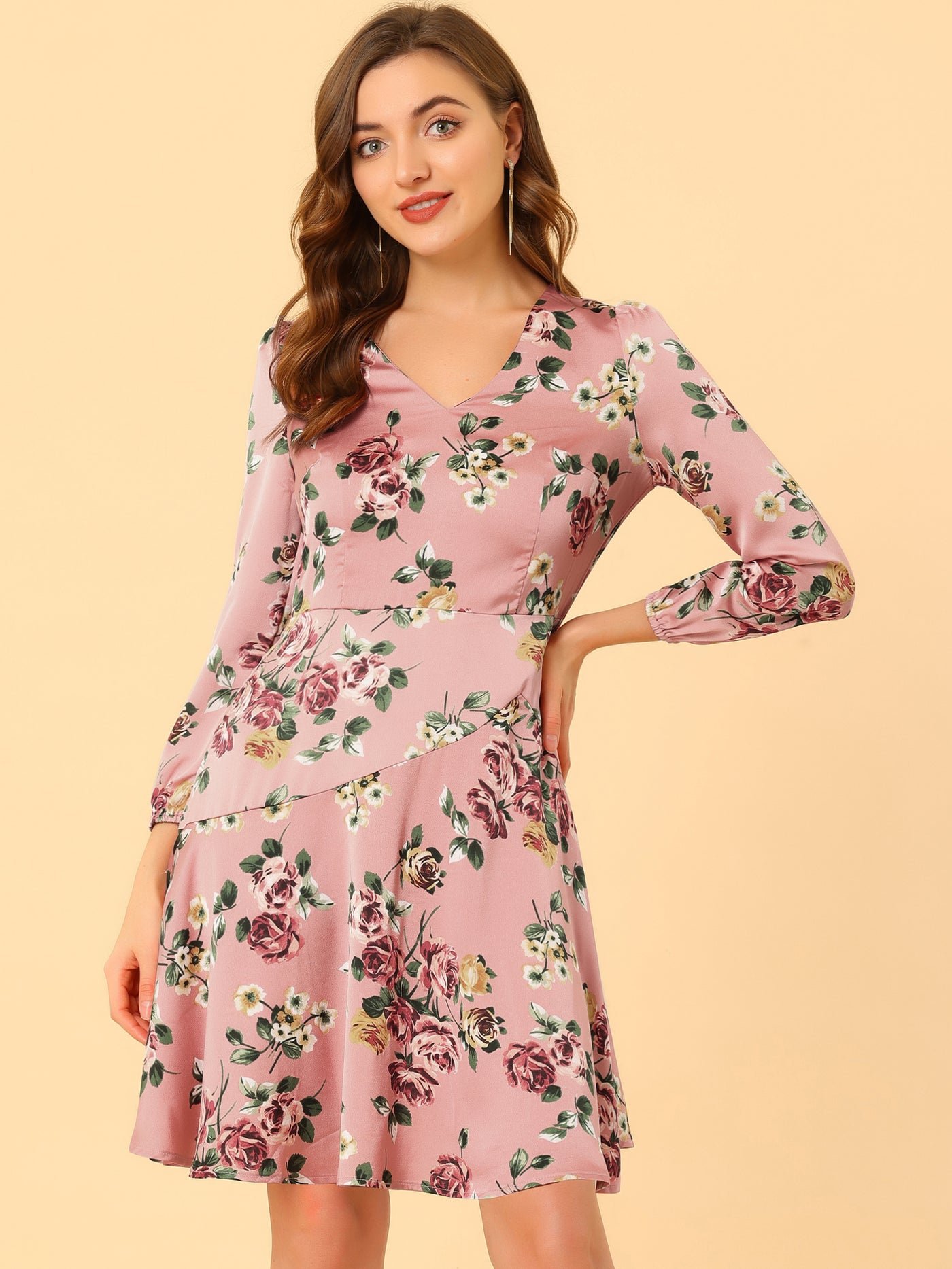 Allegra K Satin V Neck Puff Long Sleeve Floral Irregular Dress