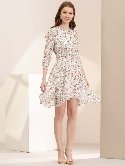 3/4 Sleeve Asymmetrical Hem Pleated Chiffon Floral Dress