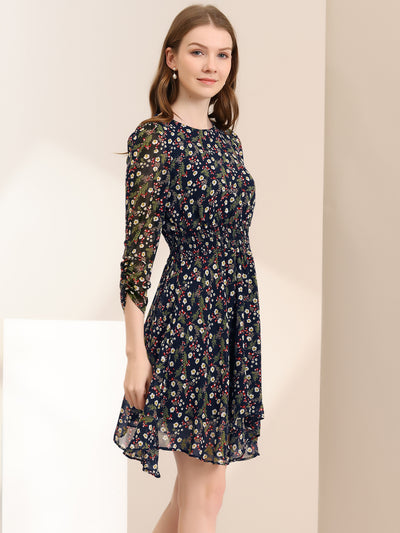3/4 Sleeve Asymmetrical Hem Pleated Chiffon Floral Dress