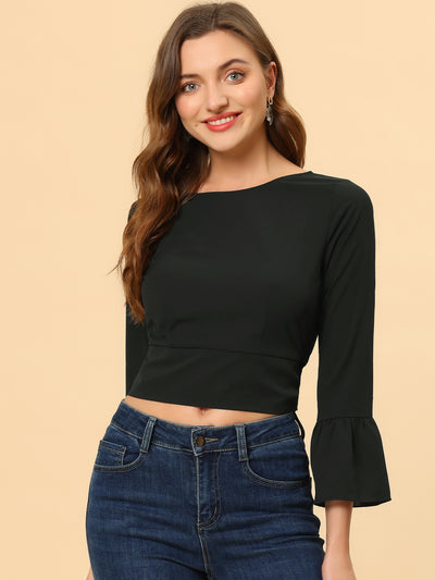 Chiffon Blouse Bow Tie Back Bell Sleeve Crop Top
