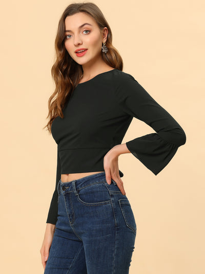Chiffon Blouse Bow Tie Back Bell Sleeve Crop Top