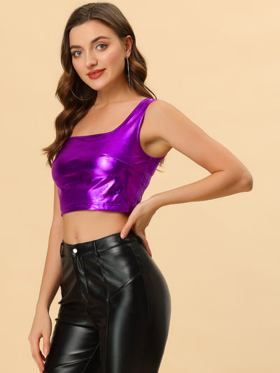 Sleeveless U Neck Party Holographic Shiny Metallic Crop Top