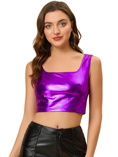 U Neck Sleeveless Party Holographic Shiny Metallic Crop Top