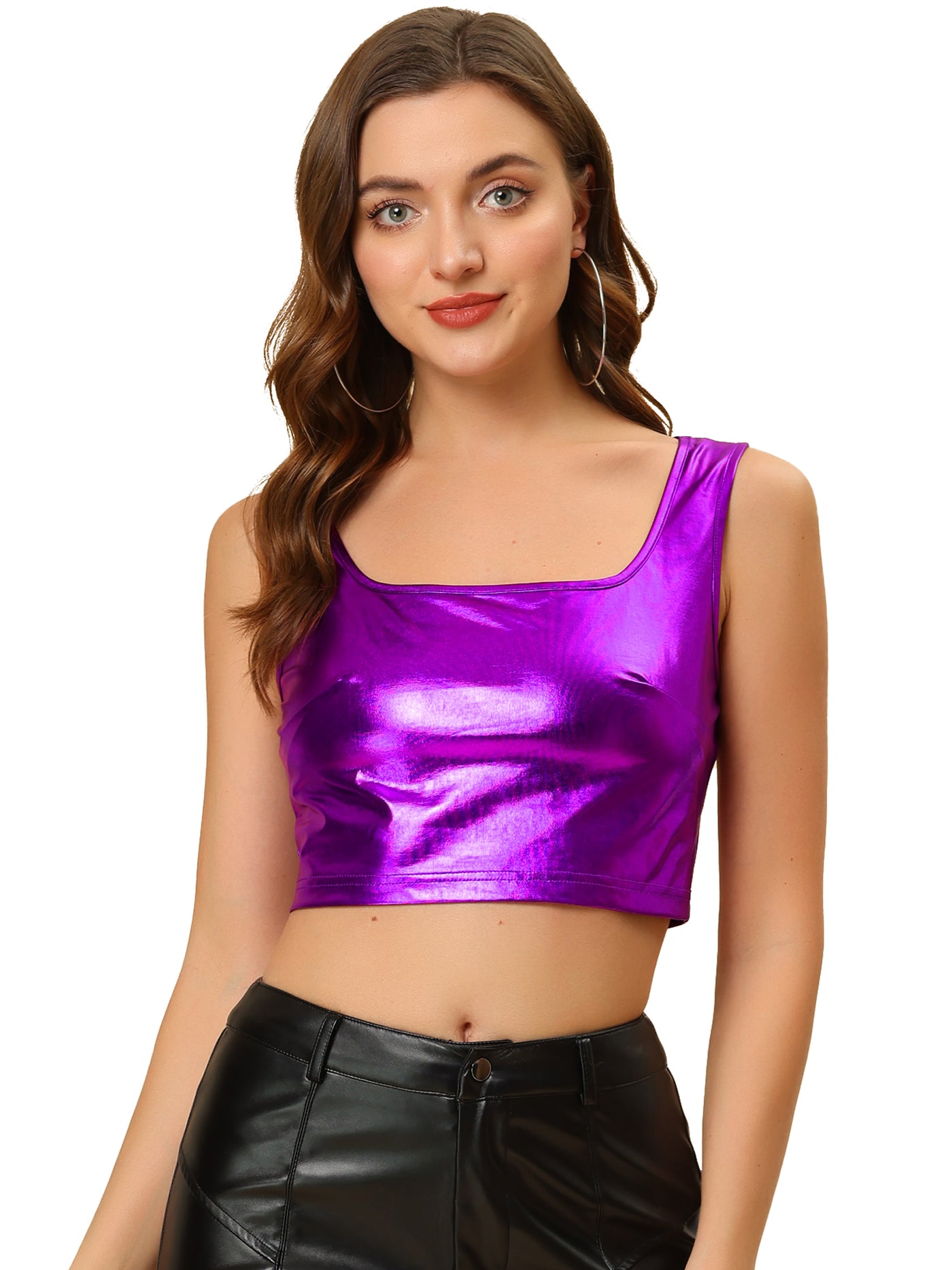 Allegra K U Neck Sleeveless Party Holographic Shiny Metallic Crop Top