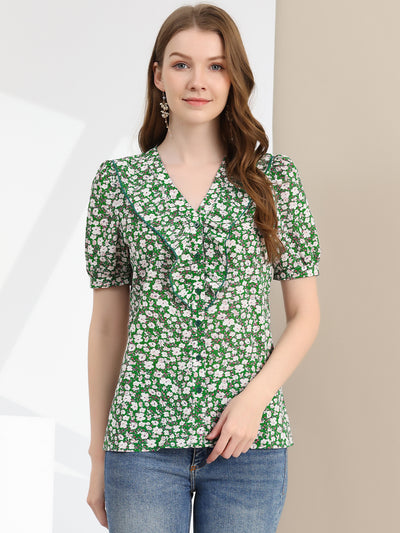 Summer Short Sleeve V Neck Ruffle Floral Button Down Shirt Top